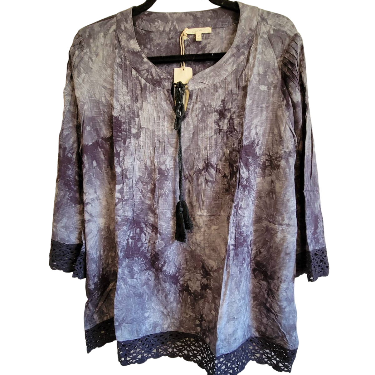 Mystree Womens Tie Dye Tunic Top Crochet Trim Tassel Tie Navy Blue